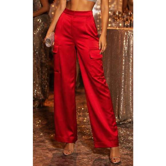 NWT Alex Marie Sandra Wide Leg Cargo Pants Size 14 Crimson Satin Holiday Red - Picture 12 of 12